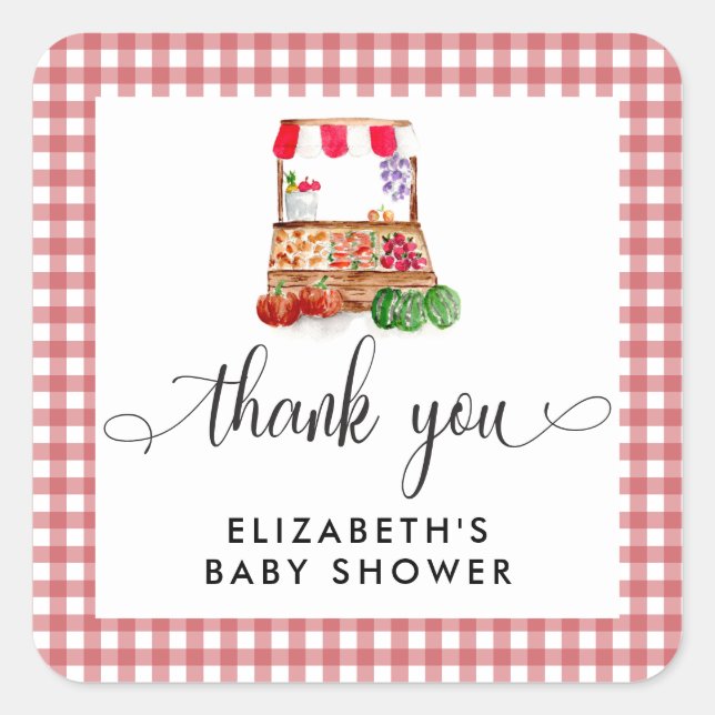 Locally Grown Baby Shower Carrots Gingham Square Sticker (Front)