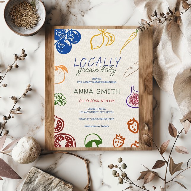 Locally Grown Baby Shower Hand Drawn Vegetables Invitation (Locally Grown Baby Farmer's Market Baby Shower Farm Raised Hand Drawn Illustrated Colorful Invite)