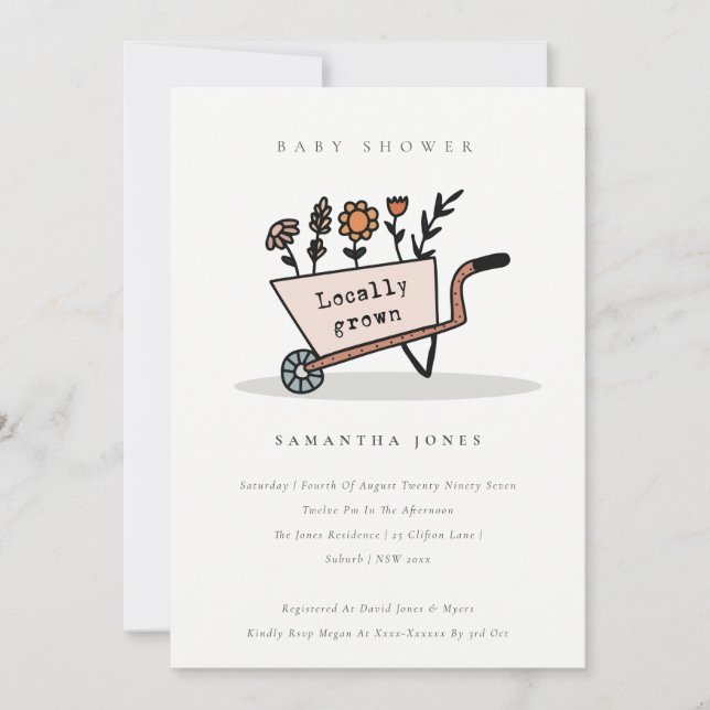 Locally Grown Blush Floral Cart Baby Shower Invite (Front)