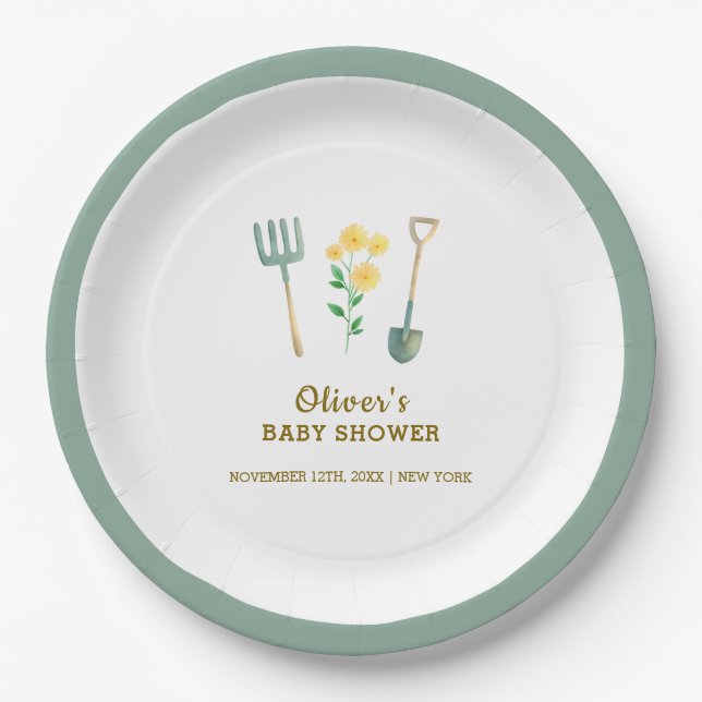 Locally Grown Boho Floral Gardening Baby Shower Paper Plate (Front)
