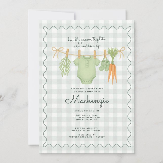 Locally Grown Clothesline Triplet Baby Shower  Invitation (Front)