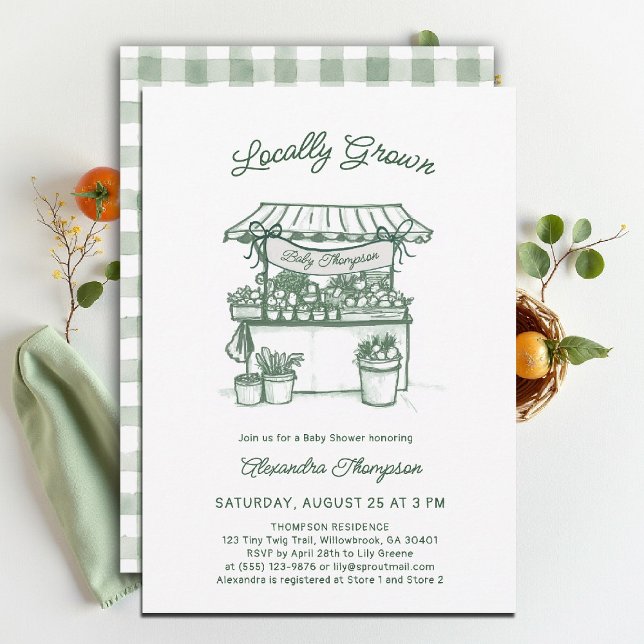 Locally Grown Farmer Market Sage Green Baby Shower Invitation (locally grown baby shower invitation sprout produce watercolor farmers market stand green gingham)