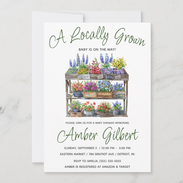 Locally Grown, Farmer's Flower Market Baby Shower Invitation (Front)