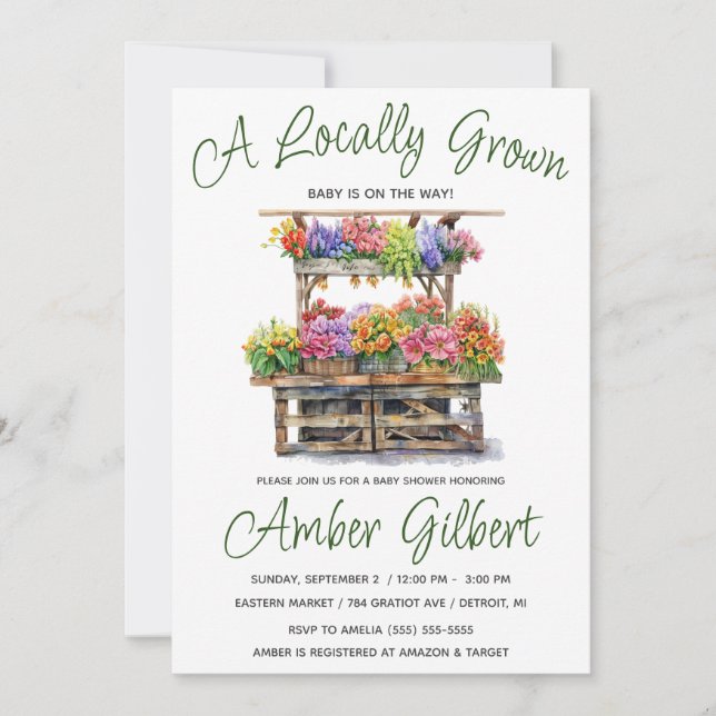 Locally Grown, Farmer's Flower Market Baby Shower Invitation (Front)
