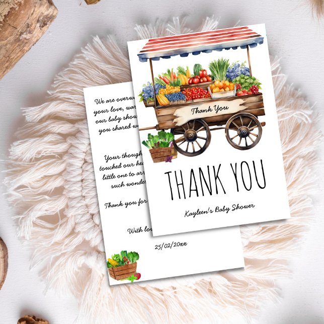 Locally grown farmers market baby shower thank you card (Locally grown farmers market baby shower thank you card vintage farm stall cart with vegetablies)