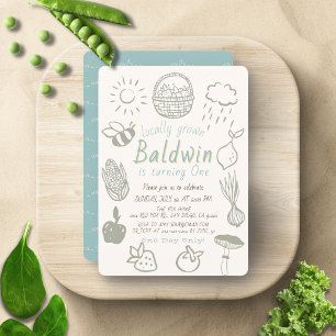 Locally Grown Farmers Market Blue 1st Birthday Invitation