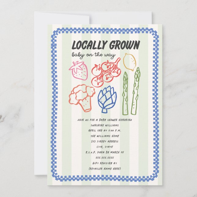 Locally Grown Farmers Market Blue Boy Baby Shower Invitation (Front)