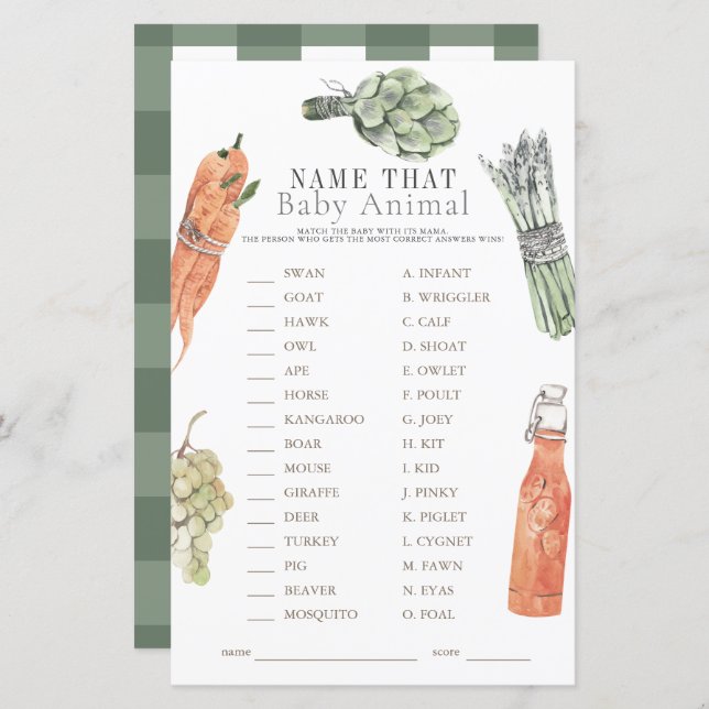 Locally Grown Farmers Market Name the Baby Animal (Front/Back)