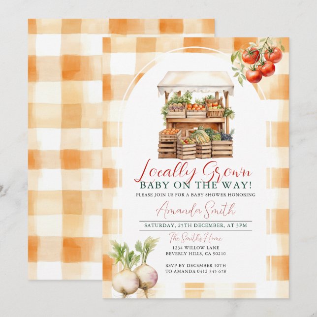 Locally Grown Fresh Market Baby Shower Gingham Invitation (Front/Back)