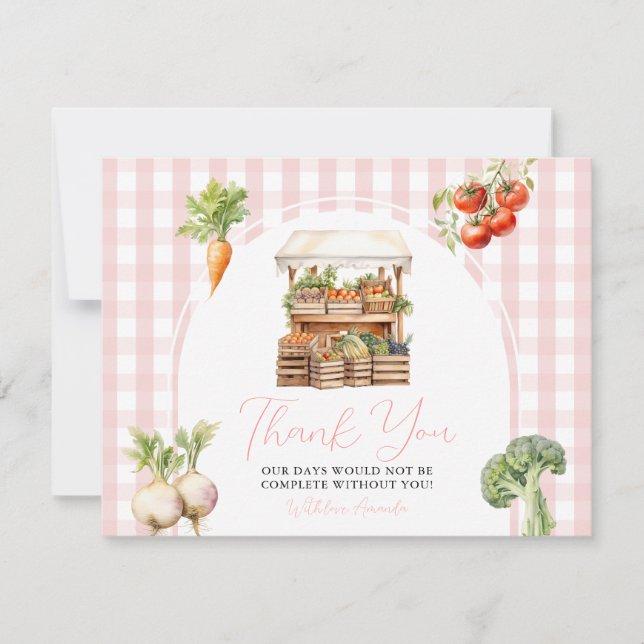 Locally Grown Fresh Market Baby Shower Gingham Thank You Card (Front)
