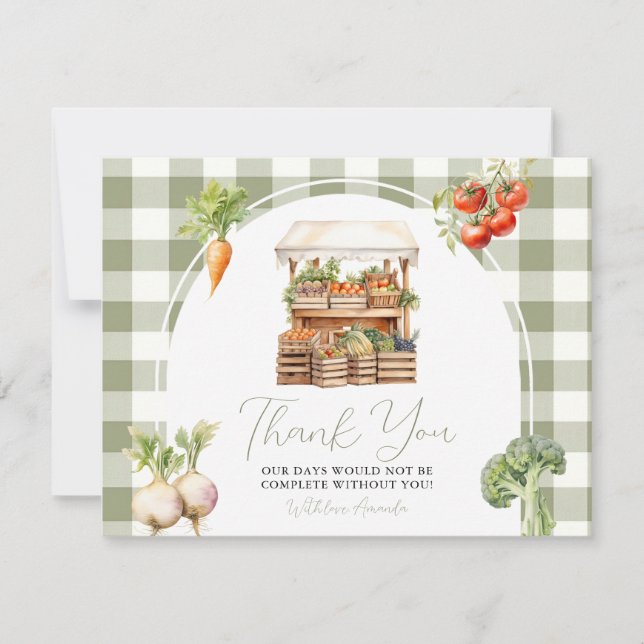 Locally Grown Fresh Market Baby Shower Gingham Thank You Card (Front)
