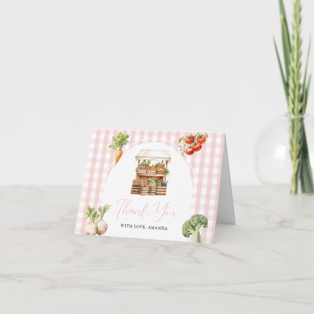 Locally Grown Fresh Market Baby Shower Gingham Thank You Card (Front)