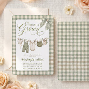 Locally Grown Gingham Clothesline Bow Baby Shower Invitation
