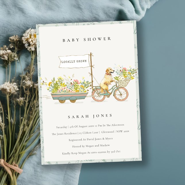 Locally Grown Golden Retriever Floral Baby Shower Invitation (Creator Uploaded)