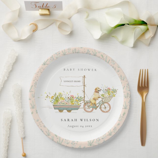 Locally Grown Golden Retriever Floral Baby Shower Paper Plate (Wedding)