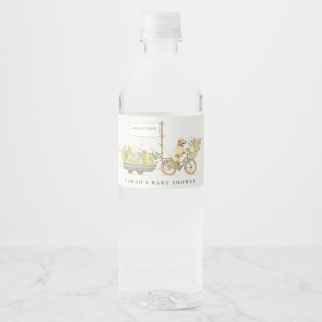 Locally Grown Golden Retriever Floral Baby Shower Water Bottle Label (Front)