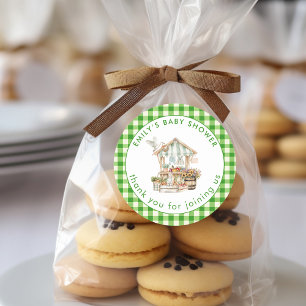 Locally Grown Green Gingham Thank You Baby Shower  Classic Round Sticker