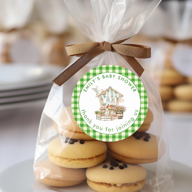 Locally Grown Green Gingham Thank You Baby Shower  Classic Round Sticker (Creator Uploaded)
