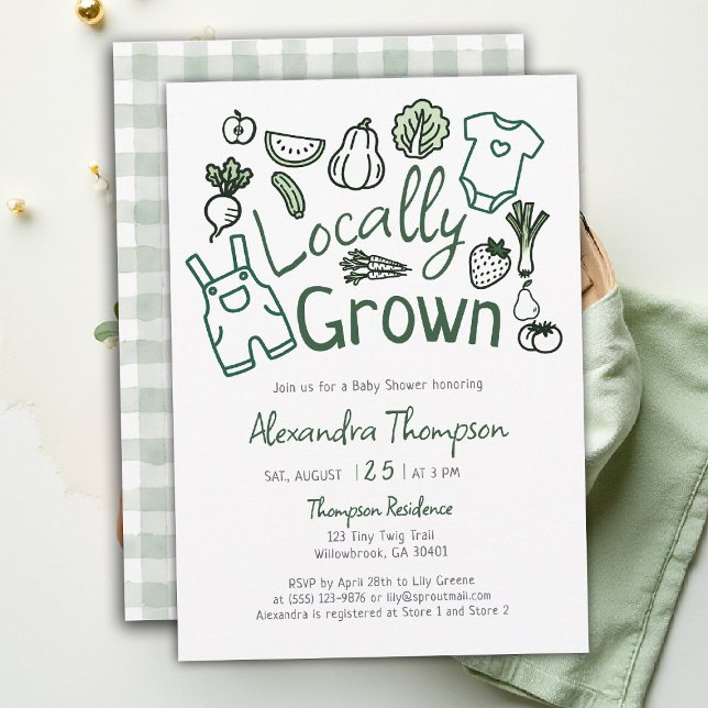 Locally Grown Hand Drawn Farm Veggies Baby Shower Invitation (locally grown baby shower invitation hand drawn produce farm fresh green clothes garden patch)