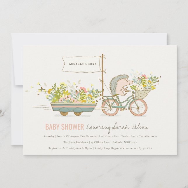 Locally Grown Hedgehog Floral Baby Shower Invite (Front)