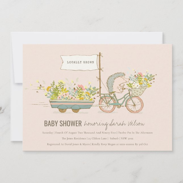 Locally Grown Hedgehog Floral Baby Shower Invite (Front)