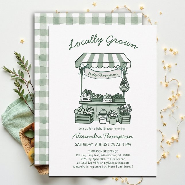 Locally Grown Market Stand Sage Green Baby Shower Invitation (locally grown baby shower invitation sprout produce watercolor farmers market green gingham)