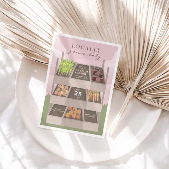 Locally Grown Pink Farmers Market Baby Shower Invitation (100% Organic, Locally Grown Baby! Physical invitation preview)