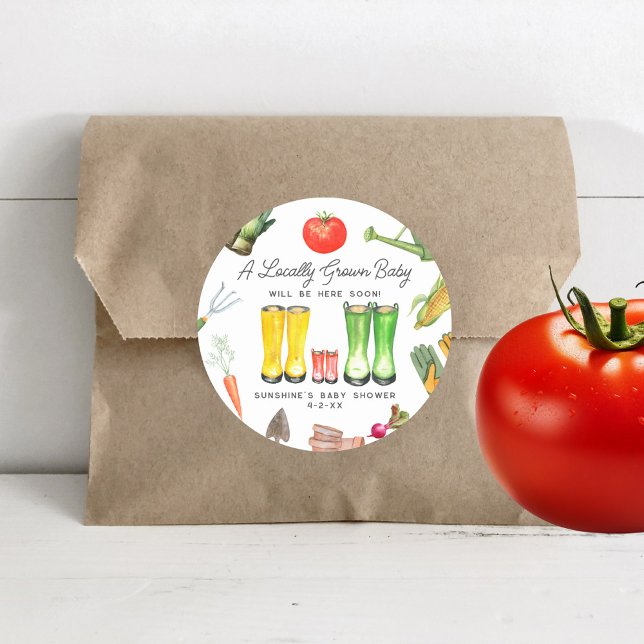Locally Grown Red Boots Vegetable Baby Shower Classic Round Sticker (Creator Uploaded)
