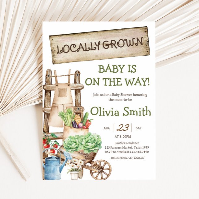 Locally Grown Rustic Market Baby Shower Invitation (Rustic Farmers Market Locally Grown Baby Shower Invitation)