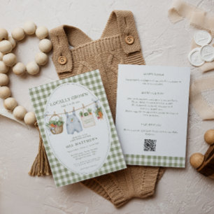 Locally Grown Sage Gingham All in One Baby Shower Invitation