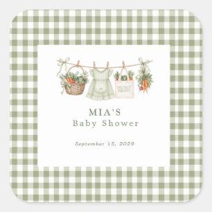 Locally Grown Sage Gingham Baby Shower Square Sticker