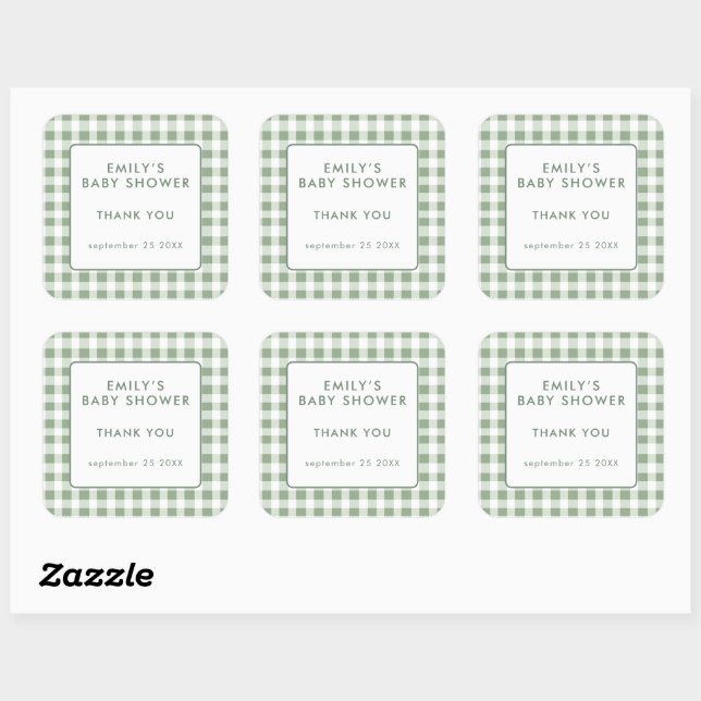 Locally Grown Sage Gingham Baby Shower Thank You Square Sticker (Sheet)