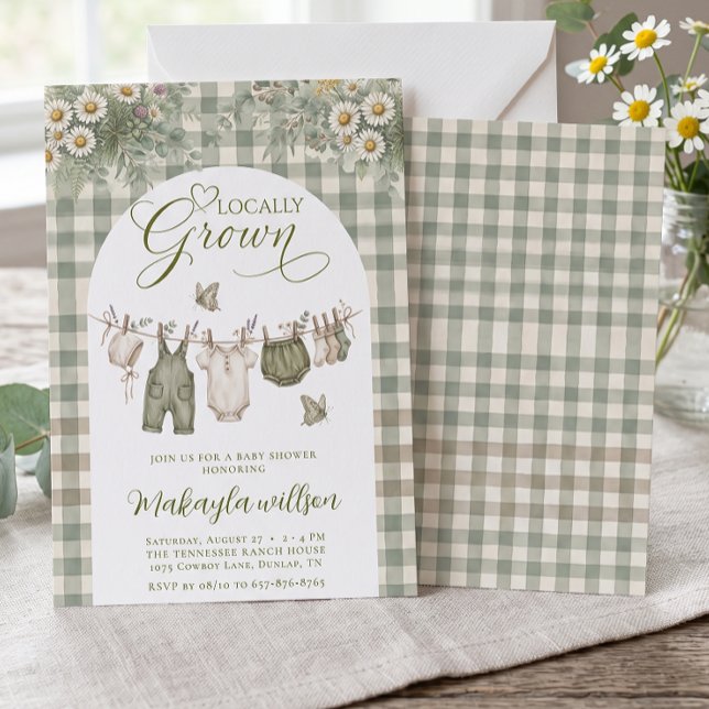 Locally Grown Sage Green Gingham Farm Baby Shower Invitation (Creator Uploaded)