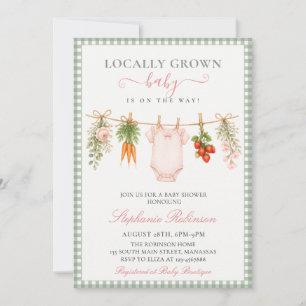 Locally Grown Sage Green Gingham Girl Baby Shower Invitation