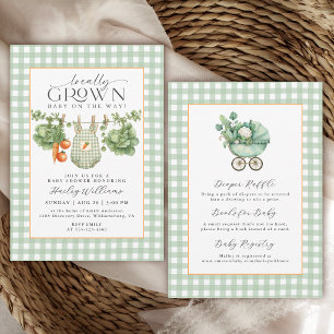 Locally Grown Sage Green Gingham Girl Baby Shower Invitation