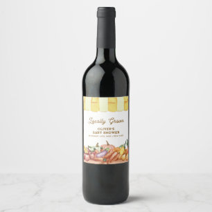 Locally Grown Watercolor Veggie Fruits Baby Shower Wine Label