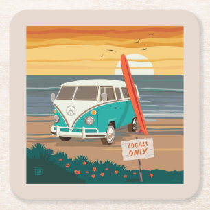 Locals Only   VW Surf Van Square Paper Coaster