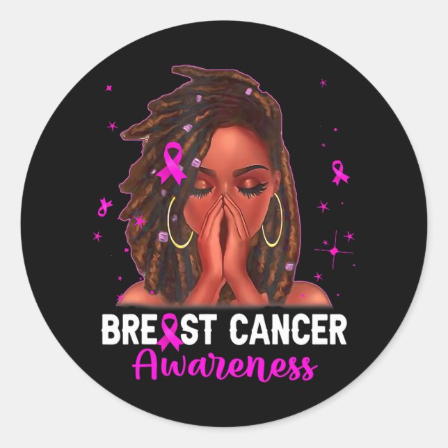 Loc'd Hair Black Woman Pink Ribbon Breast Cancer Classic Round Sticker (Front)