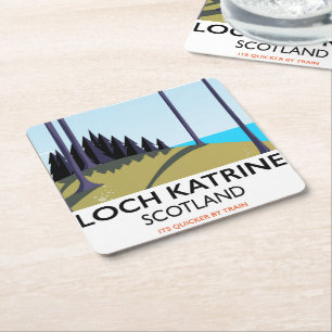 Loch katrine scotland travel poster square paper coaster