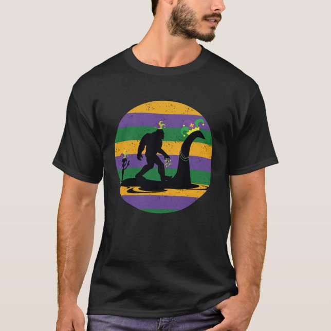 Loch Ness Big Foot Alien Ride Again Funny Mardi Gr T-Shirt (Front)