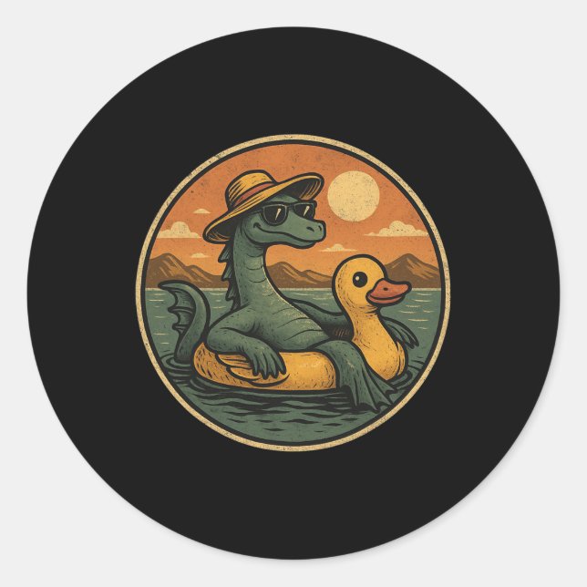 Loch Ness Monster Summer Vacation Float Retro Grap Classic Round Sticker (Front)