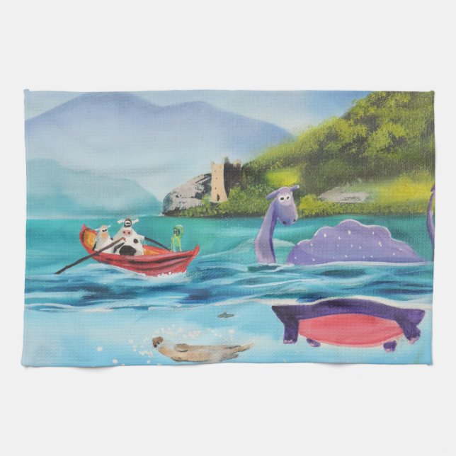 Loch Ness monster underwater painting G BRUCE Tea Towel (Horizontal)