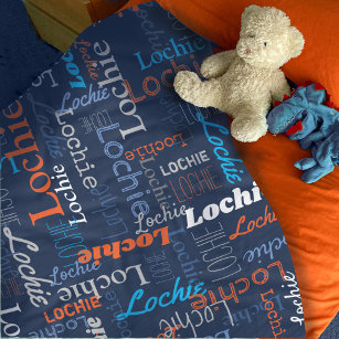 Lochie personalised name blue grey orange blanket