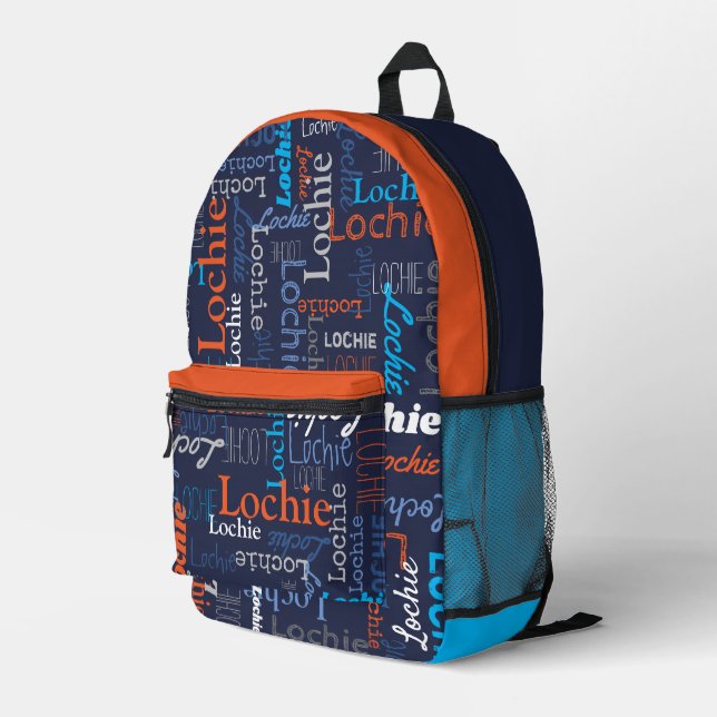 Lochie personalised name blue grey orange  printed backpack (Back Corner Right)