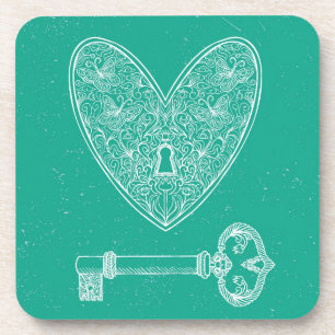 Locked Heart and Key on Emerald Green Background Coaster