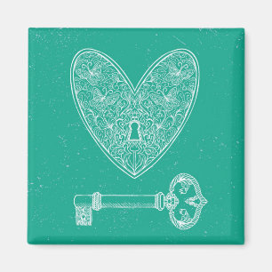 Locked Heart and Key on Emerald Green Background Magnet