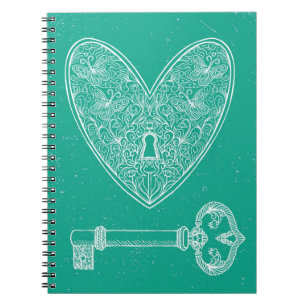 Locked Heart and Key on Emerald Green Background Notebook