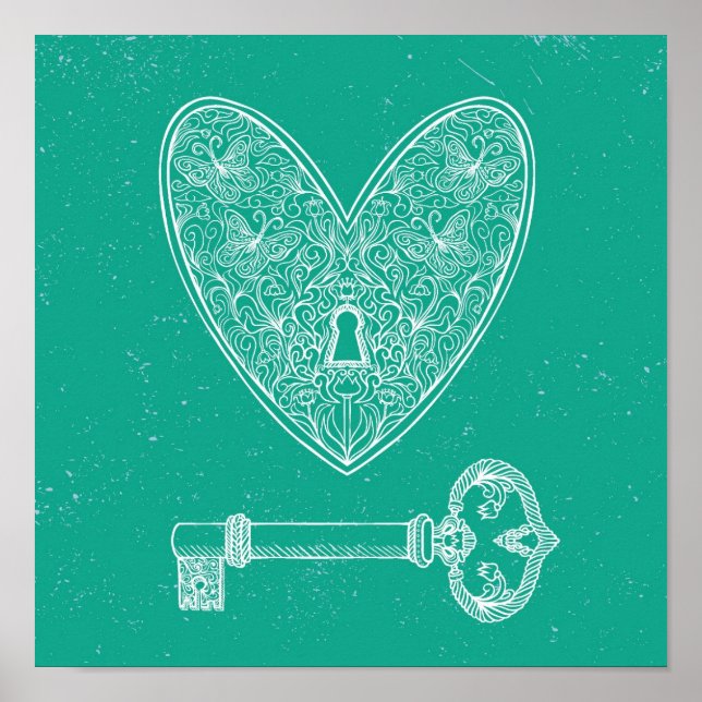 Locked Heart and Key on Emerald Green Background Poster (Front)