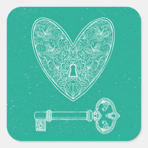 Locked Heart and Key on Emerald Green Background Square Sticker