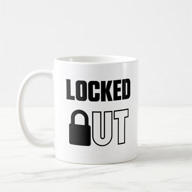 LOCKED OUT — Minimalist High-Contrast Text Art Coffee Mug (Left)